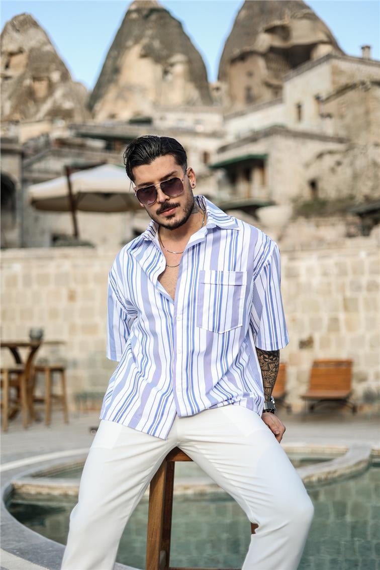 Fakir Kol Çizgili Oversize Kısa Kol Gömlek Mavi