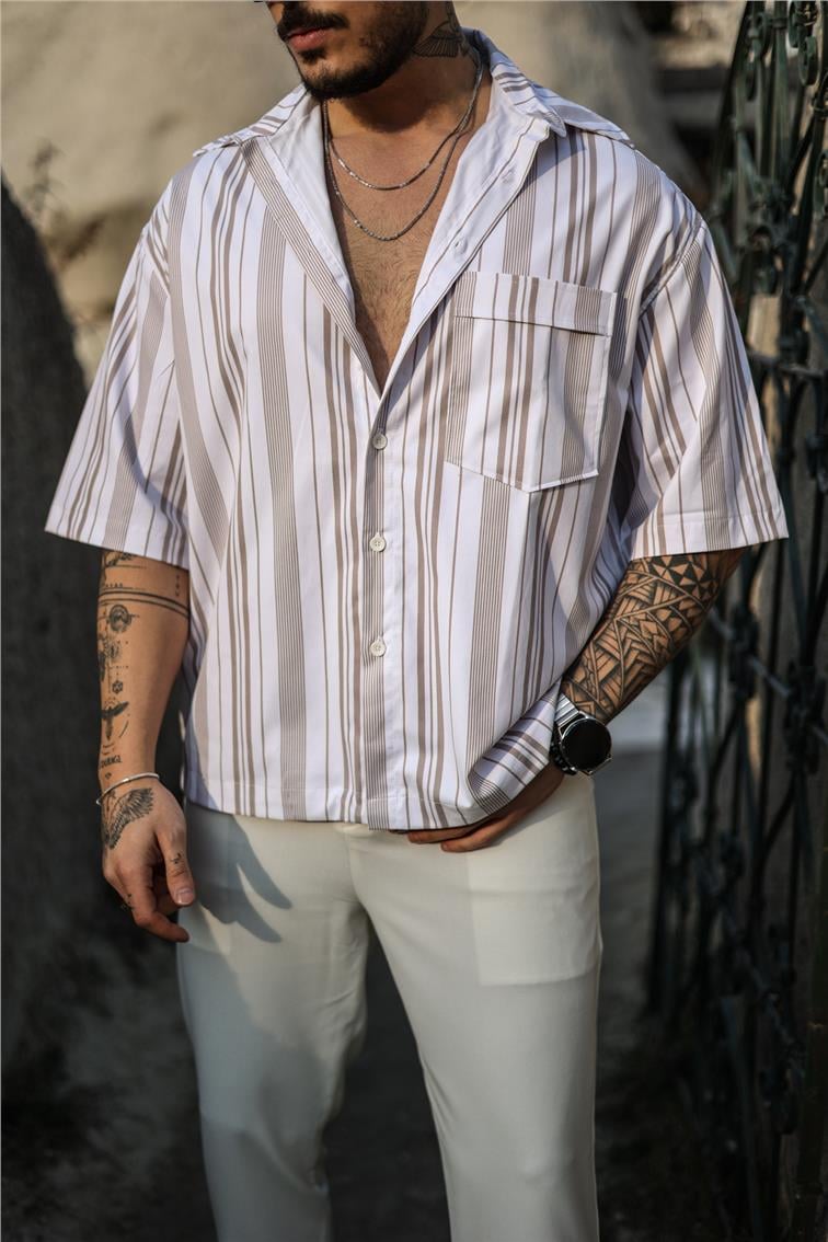 Fakir Kol Çizgili Oversize Kısa Kol Gömlek Kahve