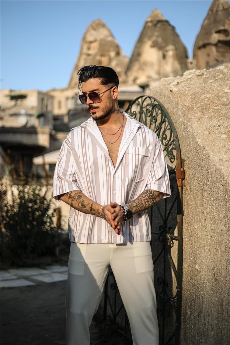 Fakir Kol Çizgili Oversize Kısa Kol Gömlek Kahve