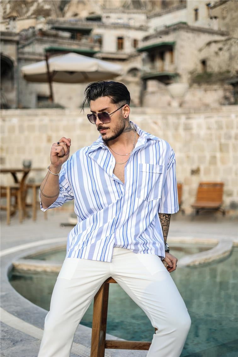 Fakir Kol Çizgili Oversize Kısa Kol Gömlek Mavi