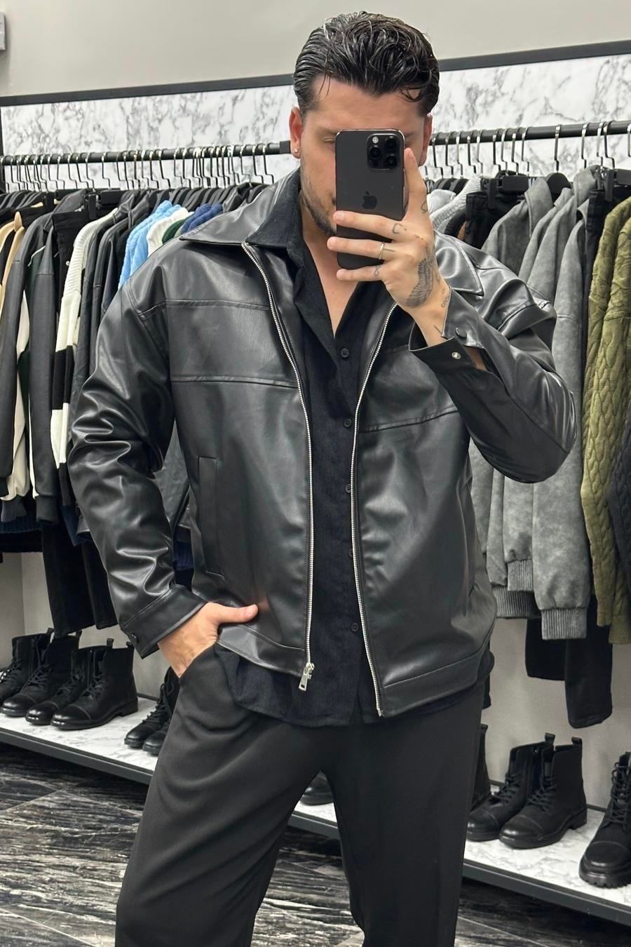 Fermuarlı Basic Bol Deri Ceket Siyah