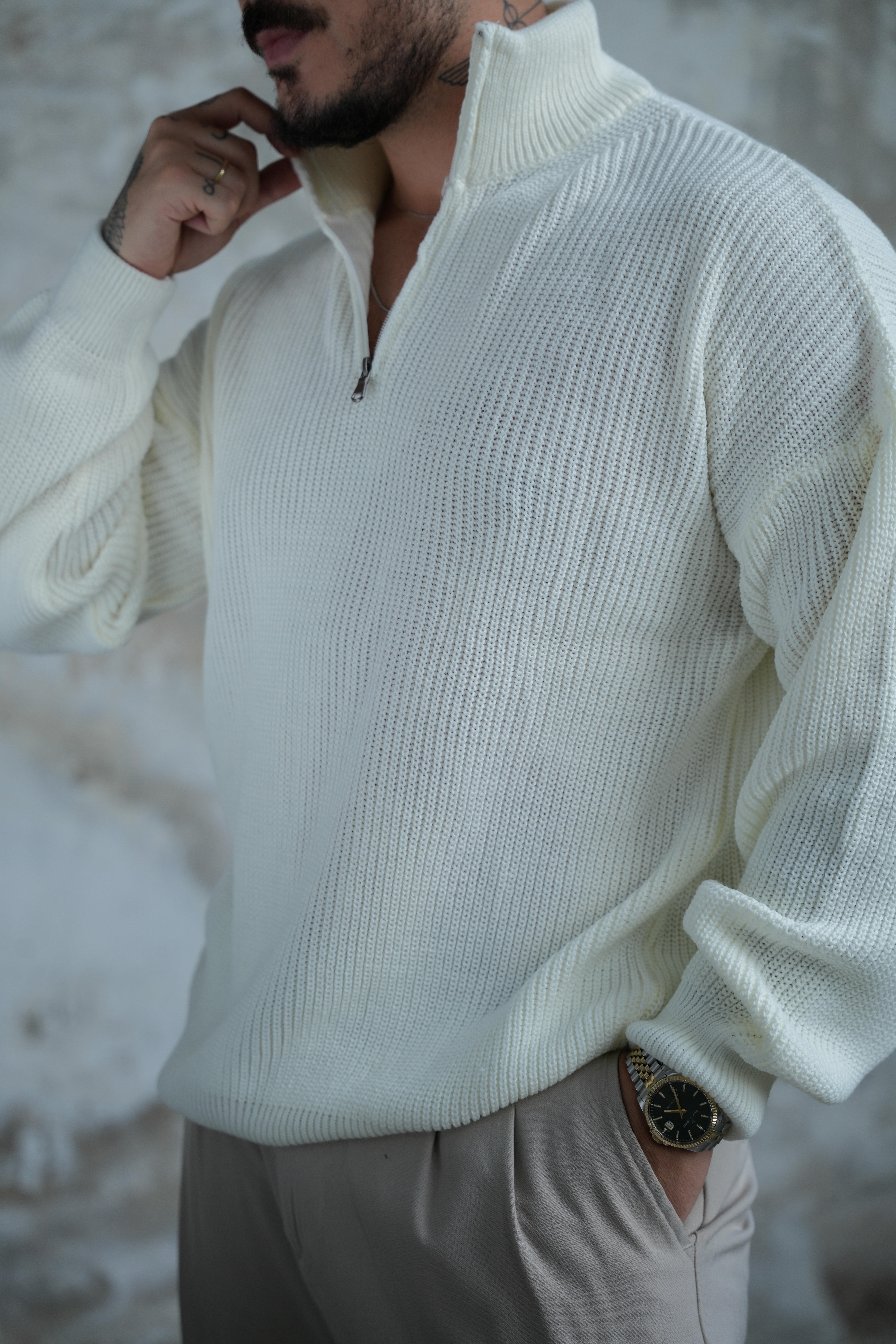 Fermuarlı Kazak Beyaz