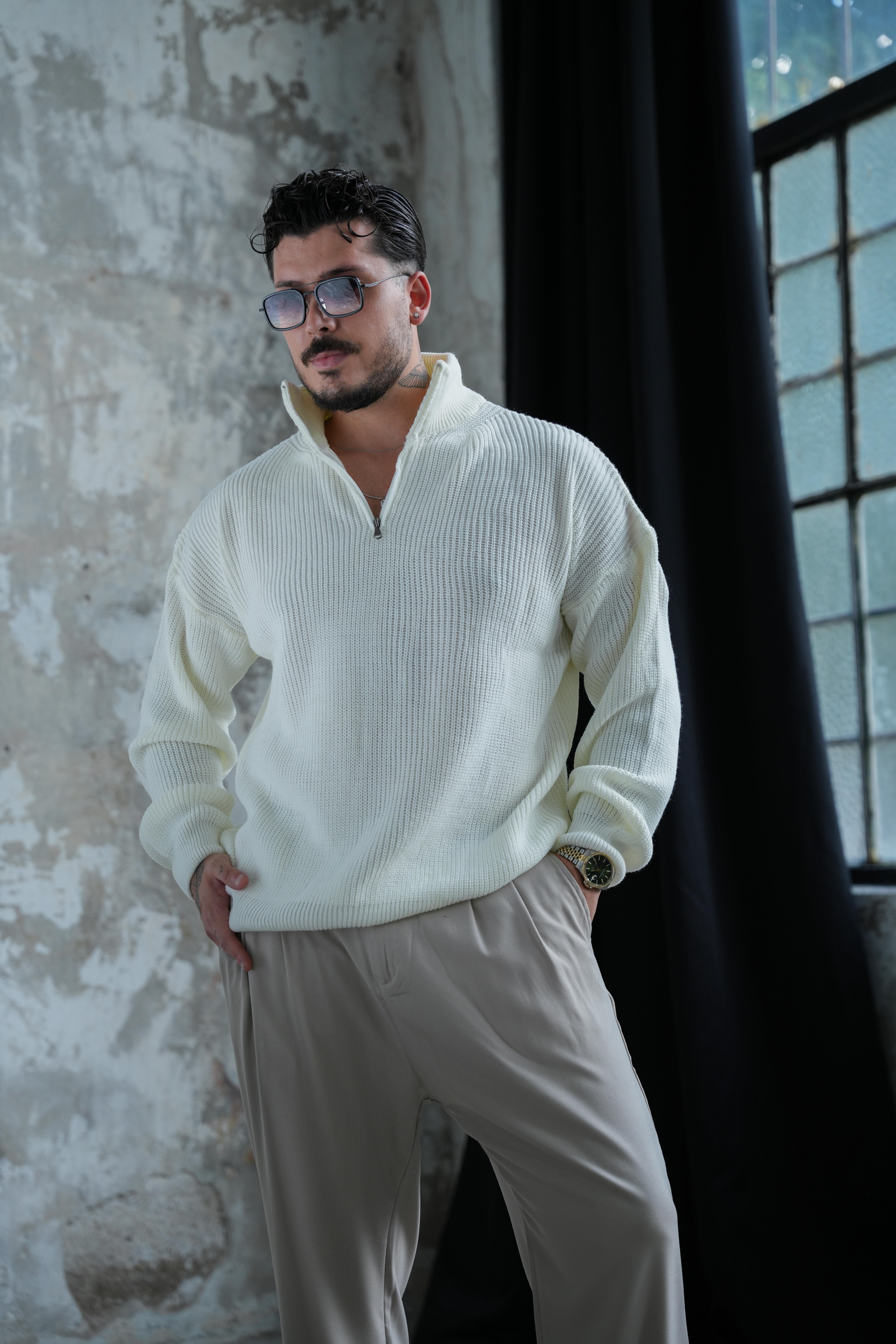 Fermuarlı Kazak Beyaz