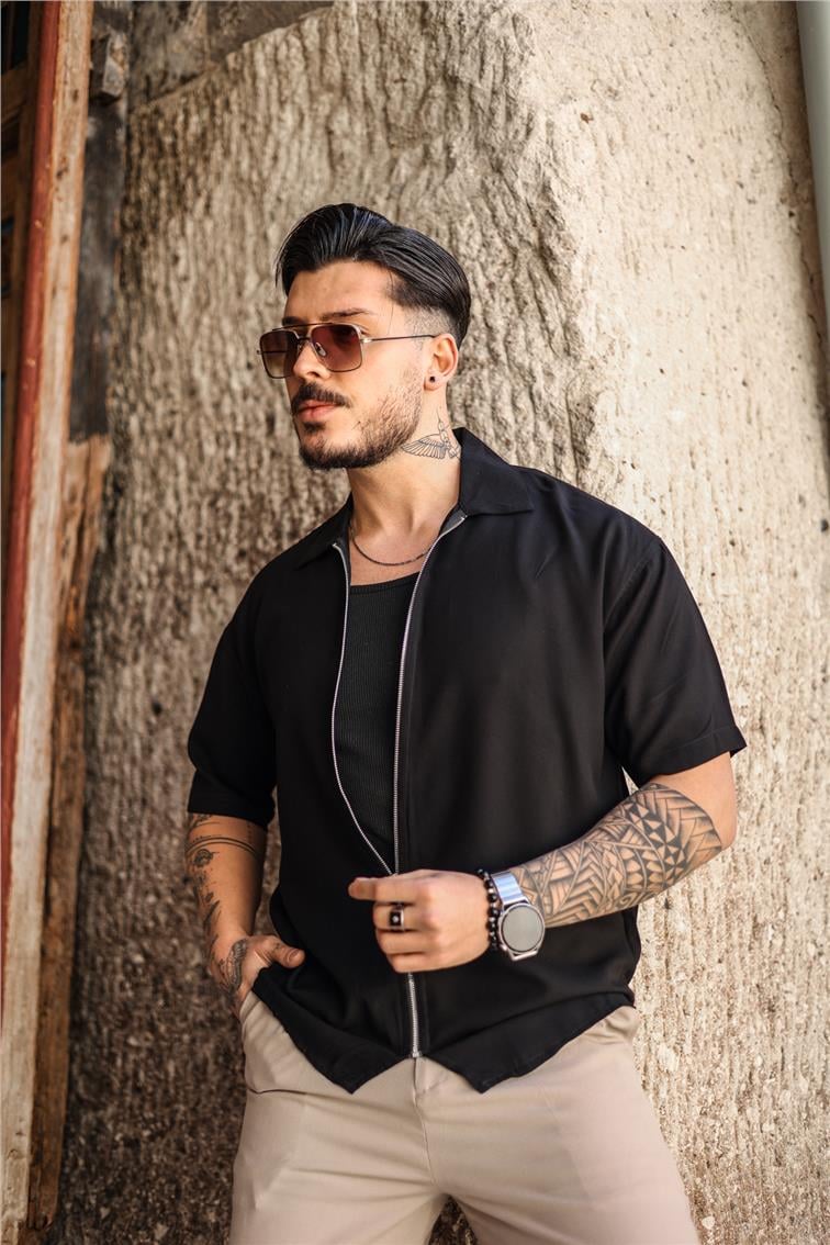 Fermuarlı Kısa Kol Oversize Gömlek Siyah