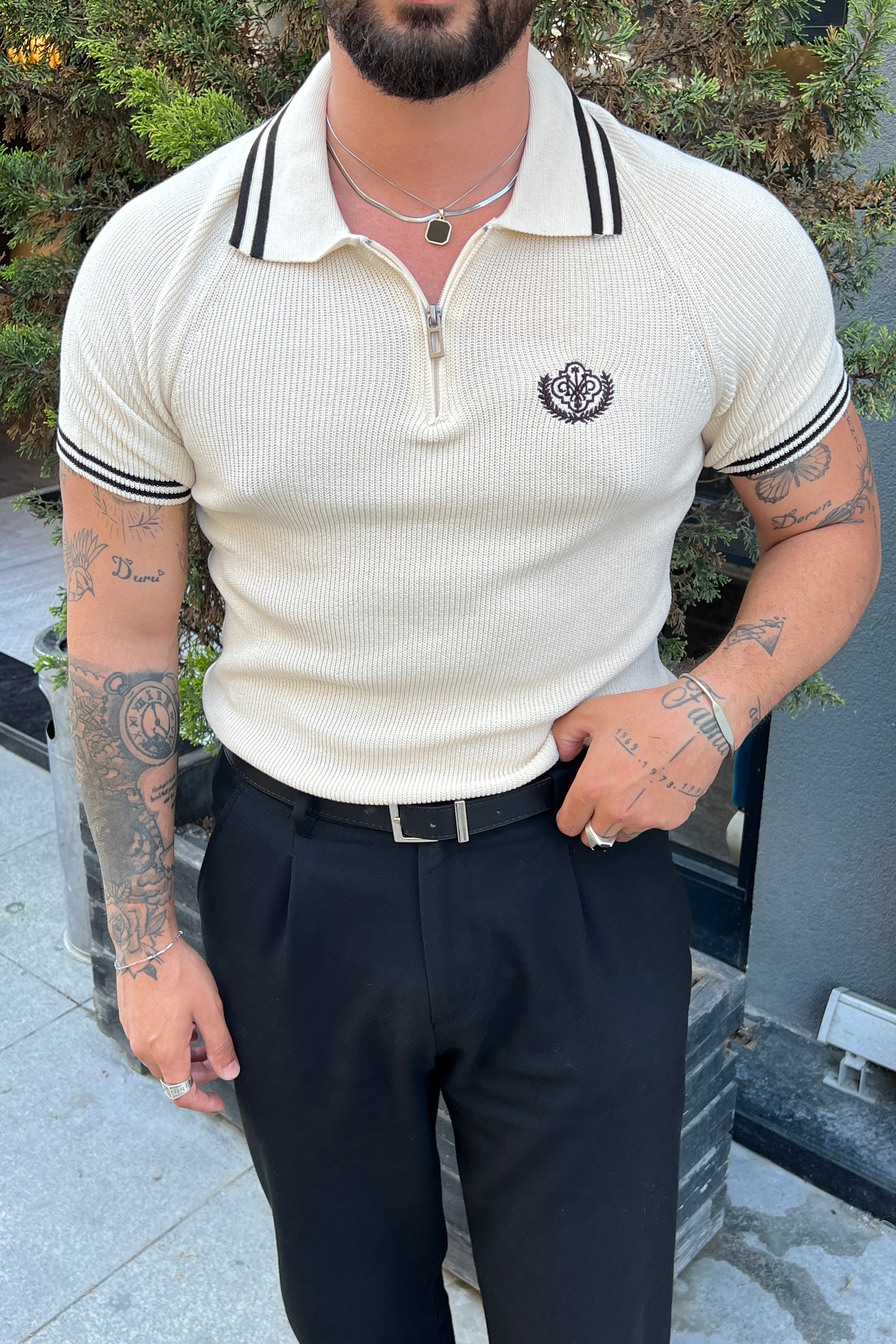 Fermuarlı Polo Nakışlı Triko Tshirt Krem