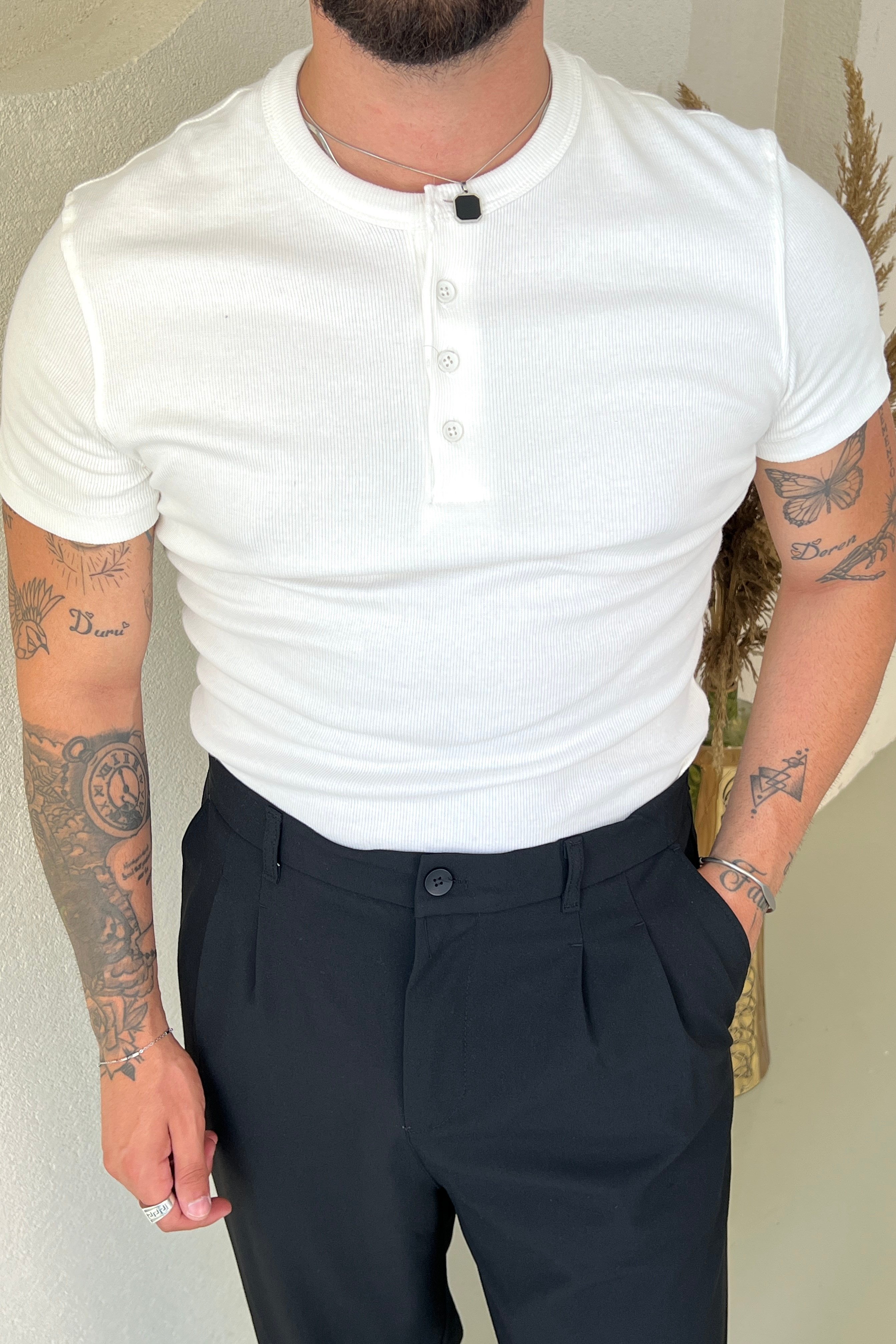 Fit Düğmeli Ribana Tshirt Beyaz