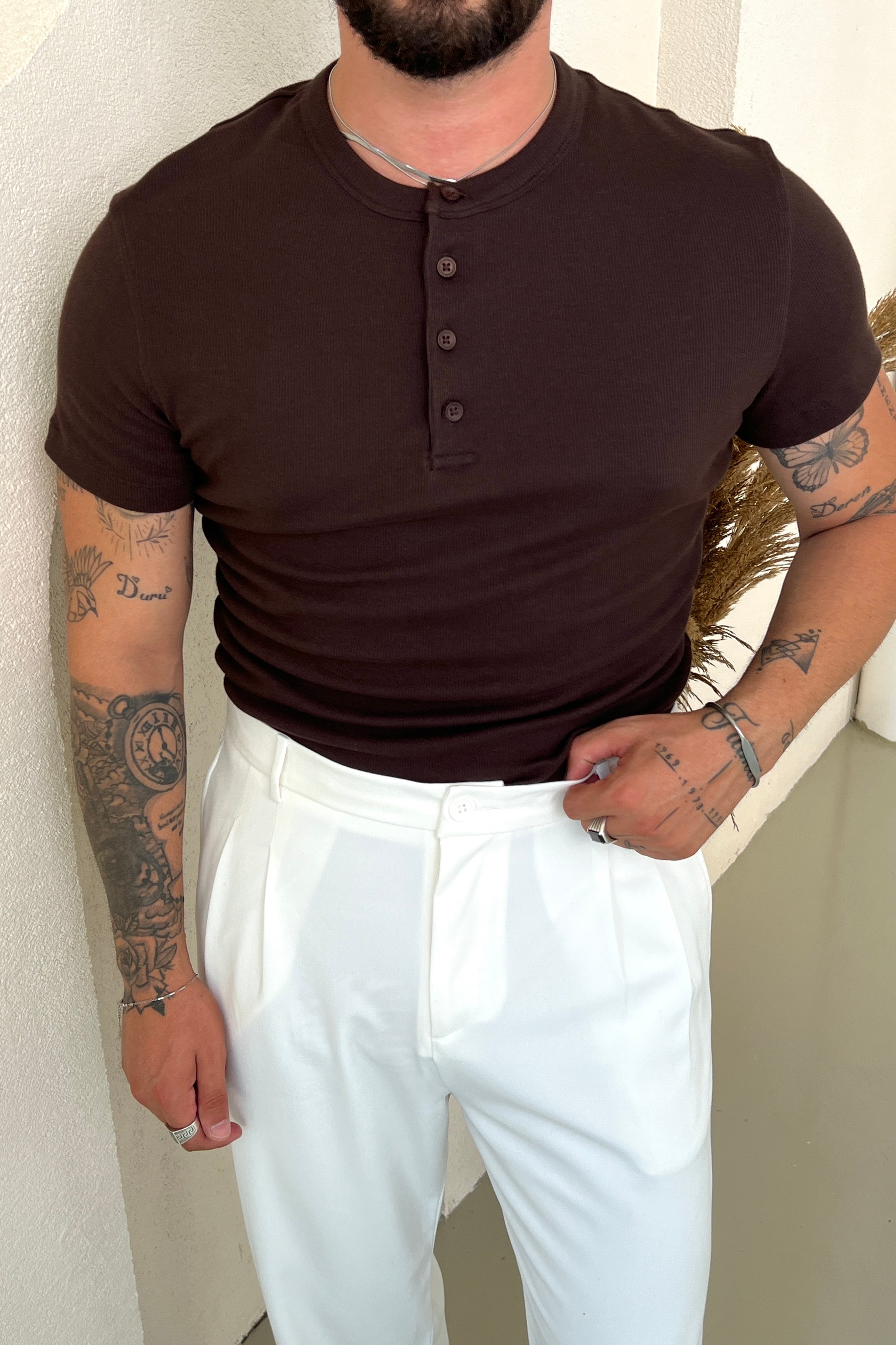 Fit Düğmeli Ribana Tshirt Kahve