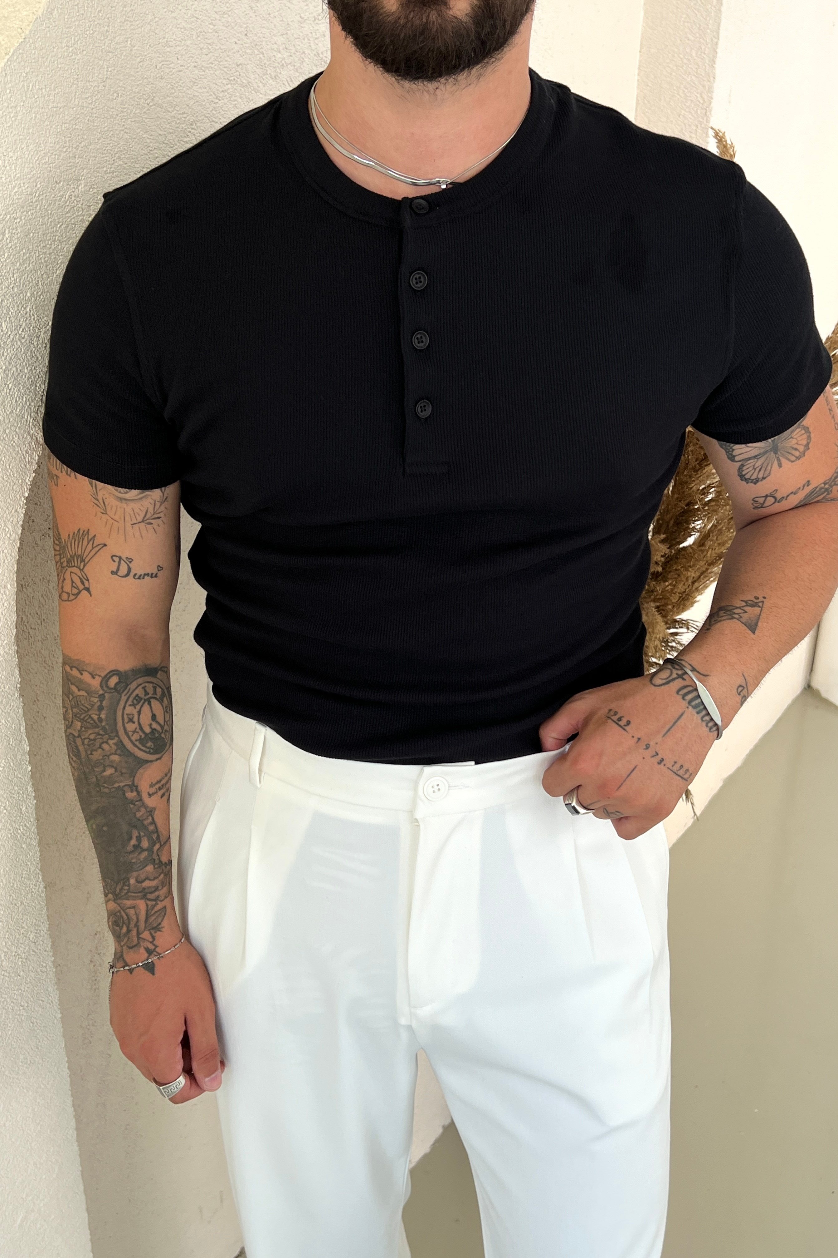 Fit Düğmeli Ribana Tshirt Siyah