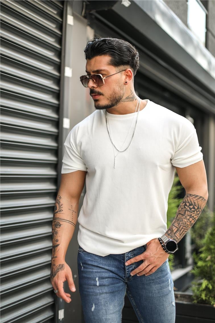 Fitilli Basic T-Shirt Beyaz