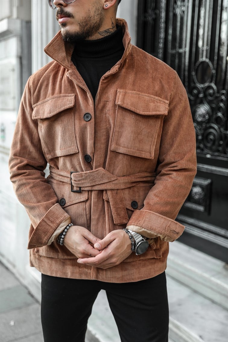 Fitilli Button Detay Kuşaklı Ceket / Mont