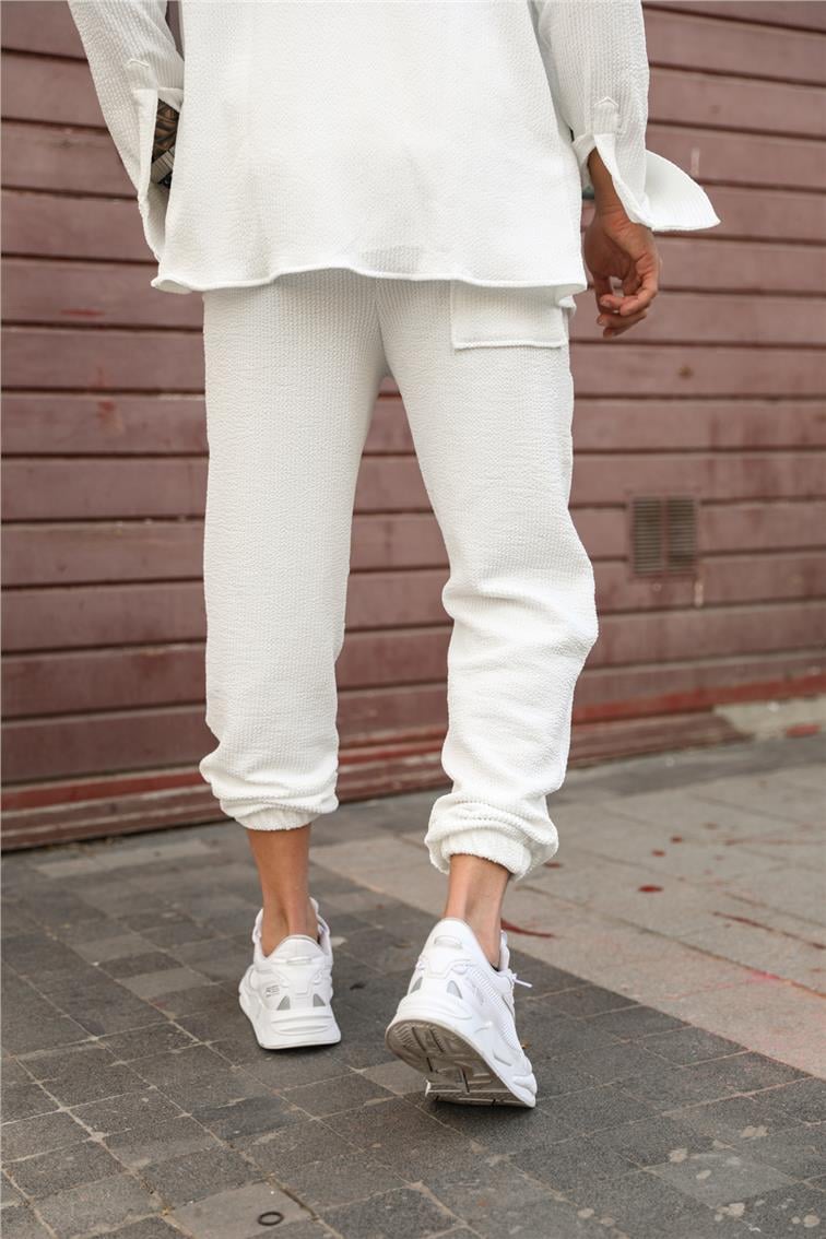 Fitilli Kabartmalı Paçası Lastikli Jogger Beyaz