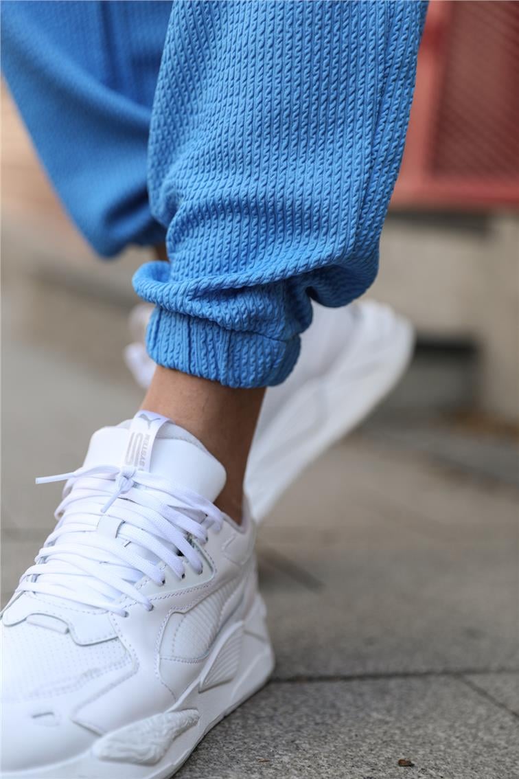 Fitilli Kabartmalı Paçası Lastikli Jogger Mavi