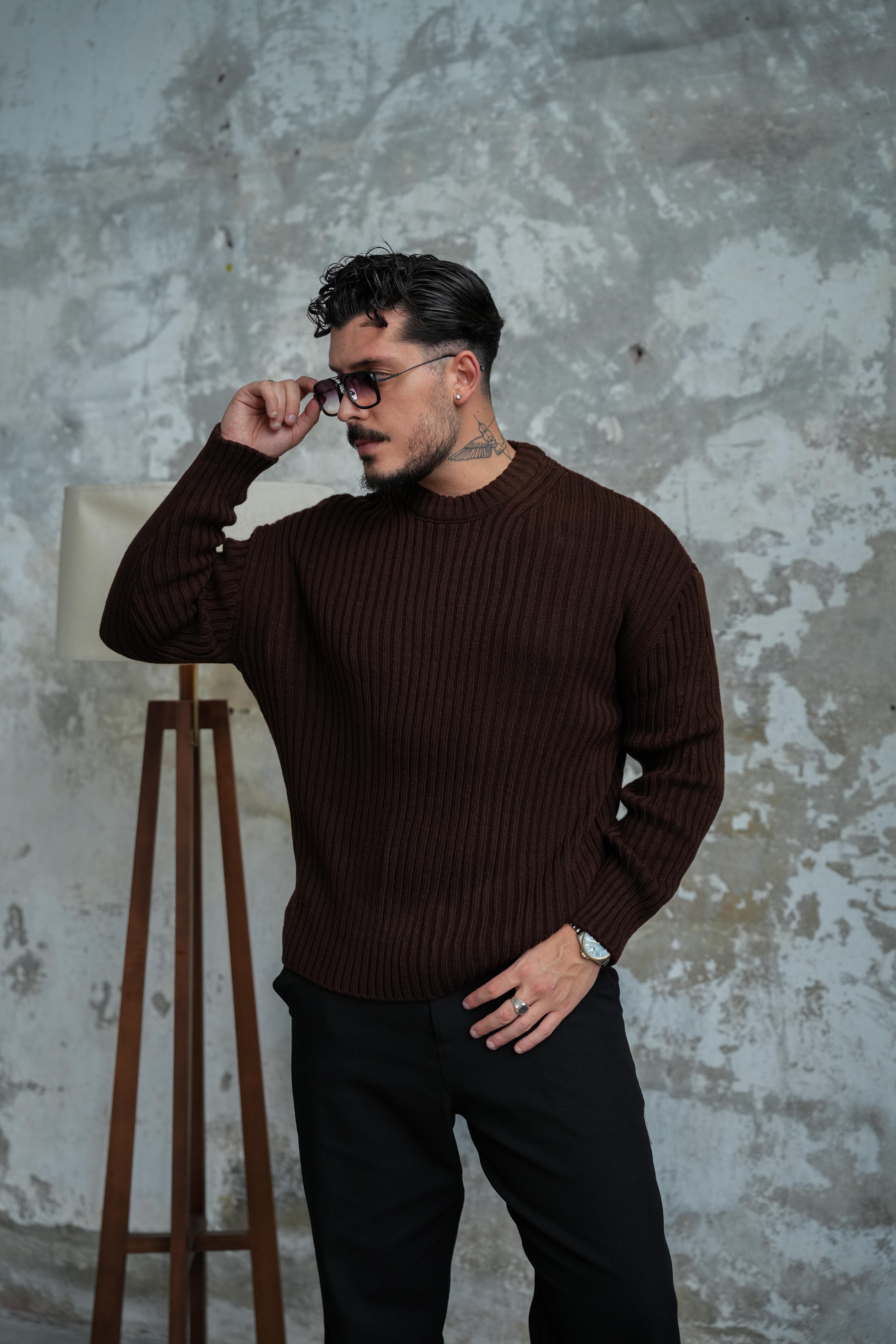 Fitilli Örme Basic Kazak Acı Kahve