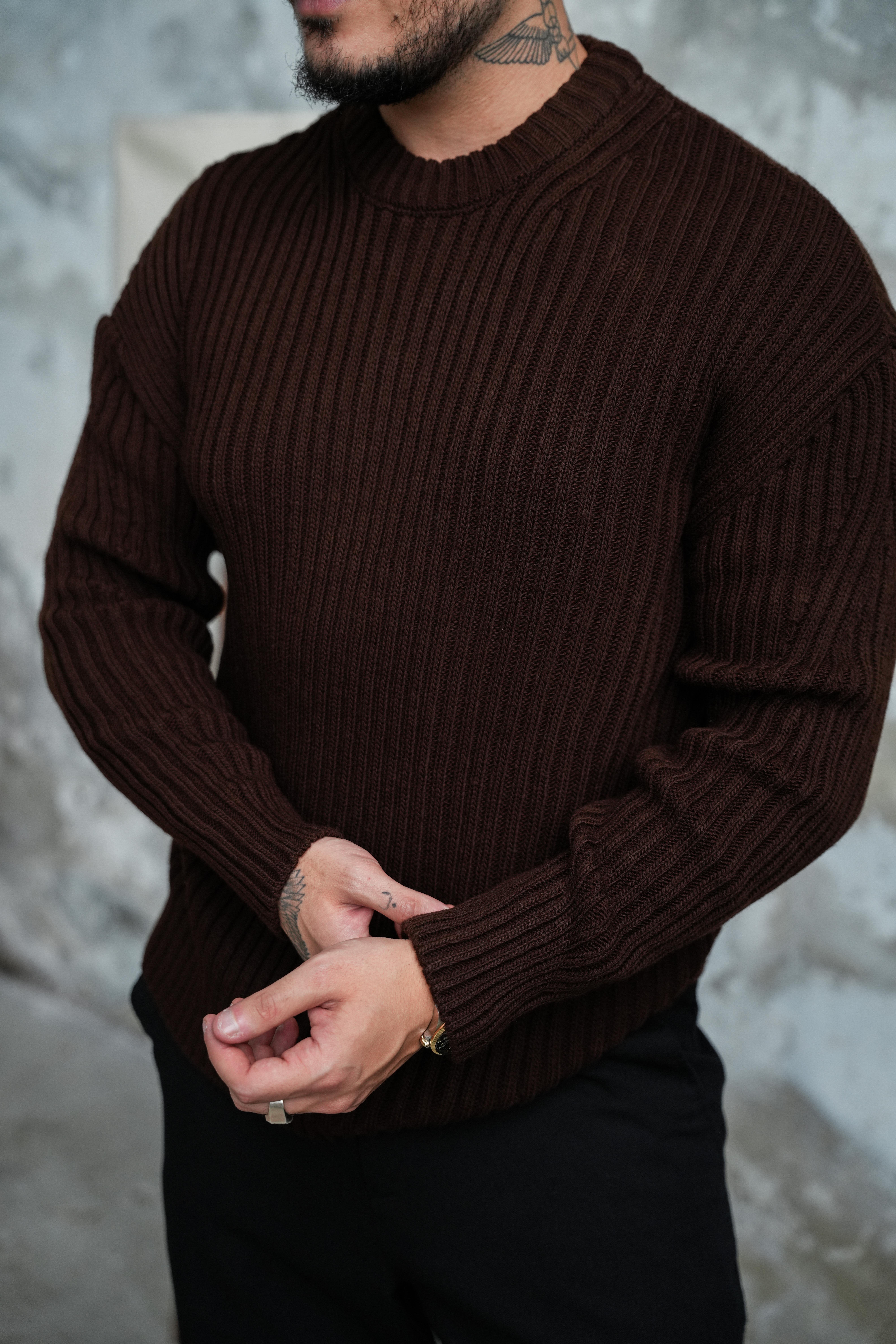 Fitilli Örme Basic Kazak Acı Kahve