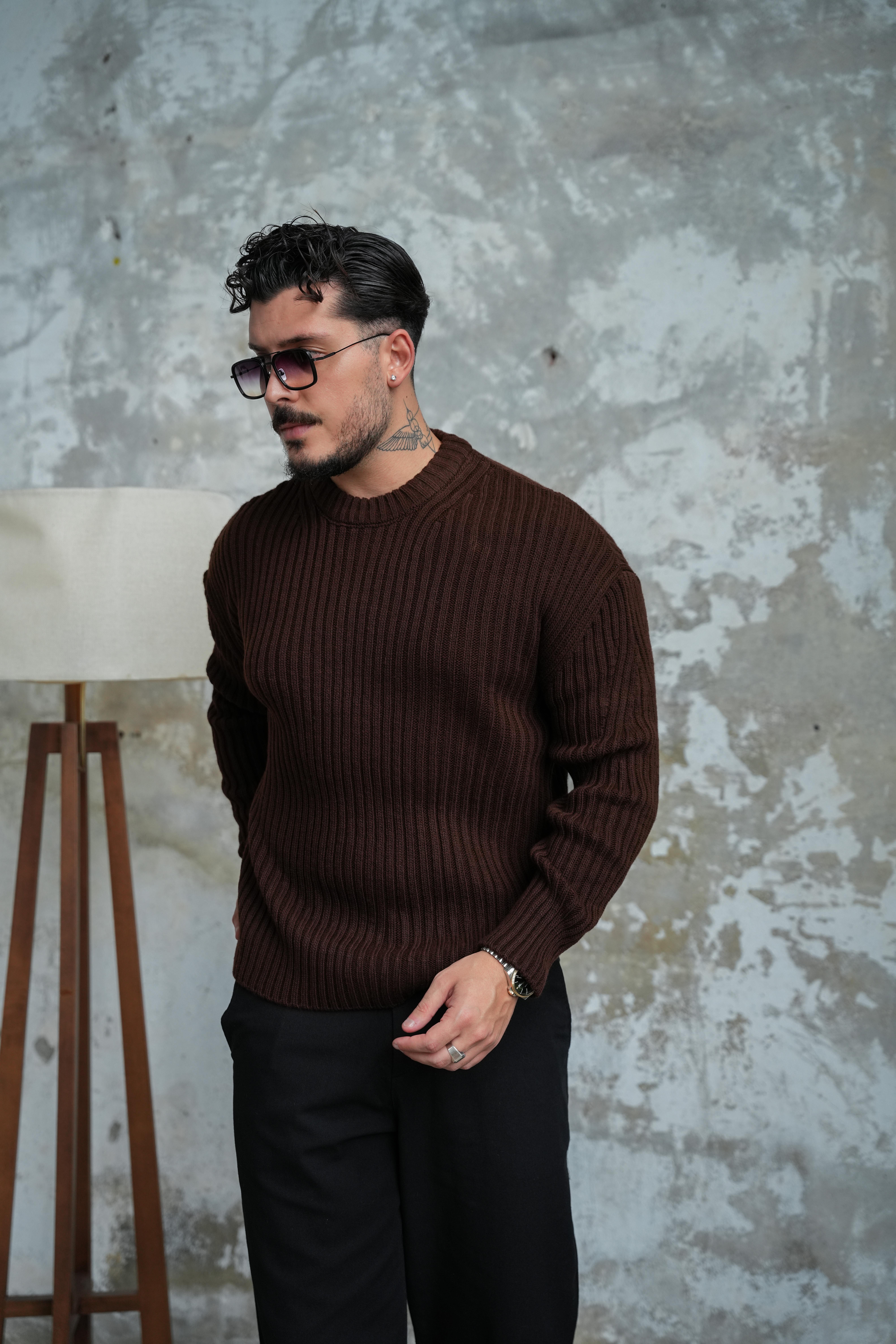 Fitilli Örme Basic Kazak Acı Kahve