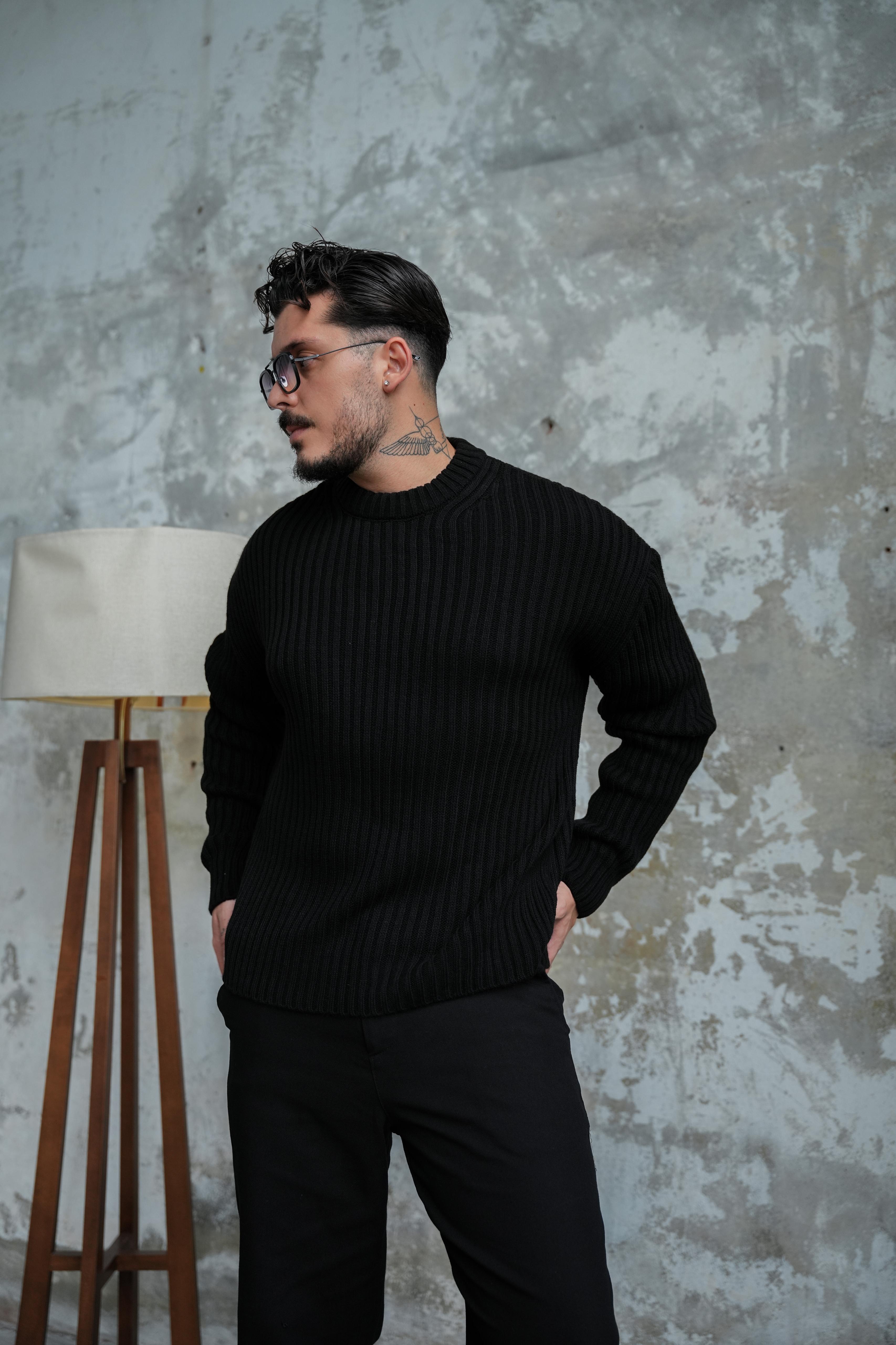 Fitilli Örme Basic Kazak Siyah