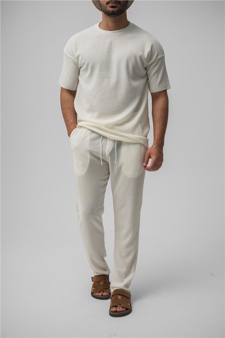 Fitilli Oversize T-Shirt Beyaz