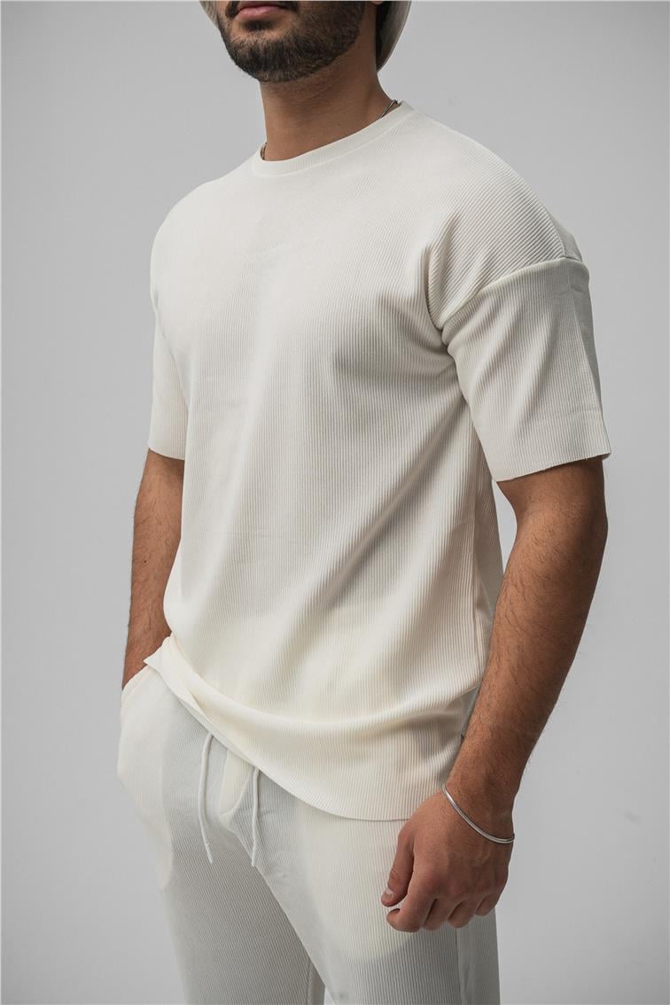 Fitilli Oversize T-Shirt Beyaz