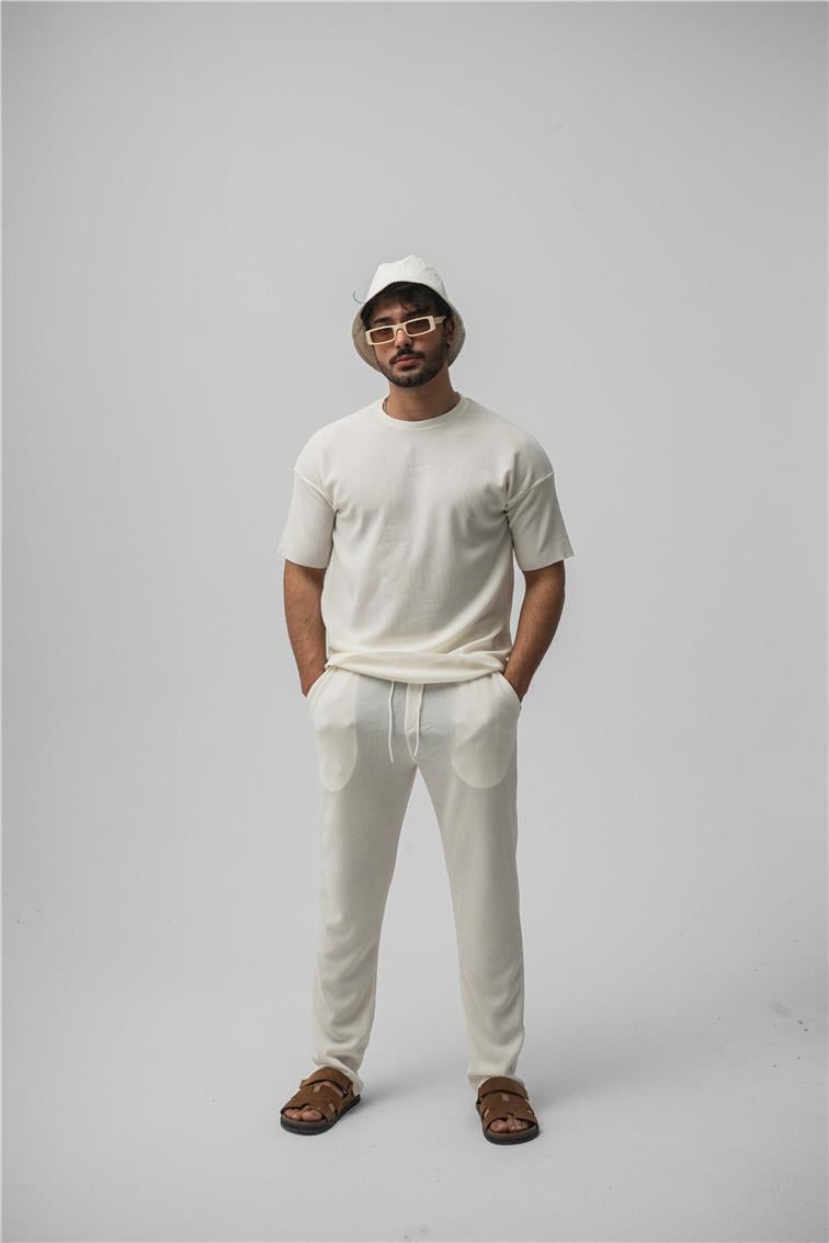 Fitilli Oversize T-Shirt Beyaz