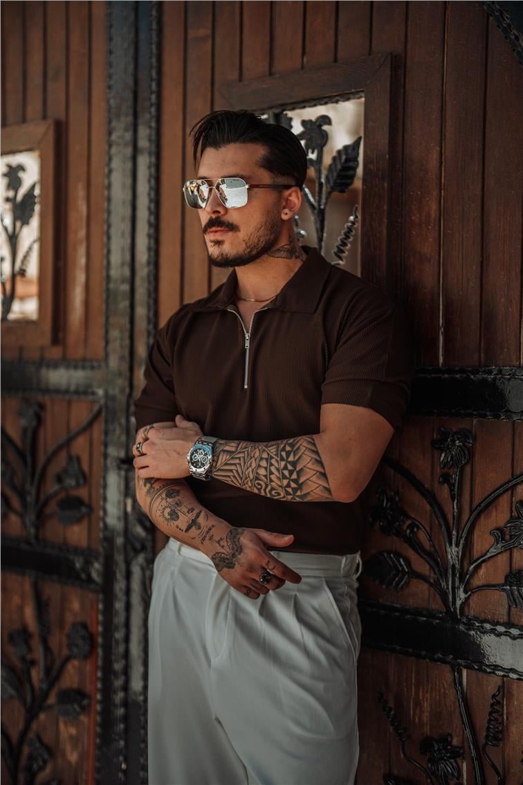 Fitilli Yarım Fermuarlı T-Shirt Acı Kahve