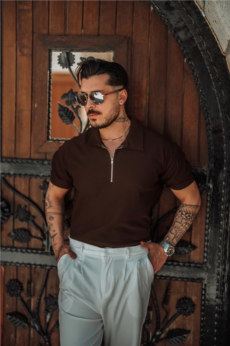 Fitilli Yarım Fermuarlı T-Shirt Acı Kahve