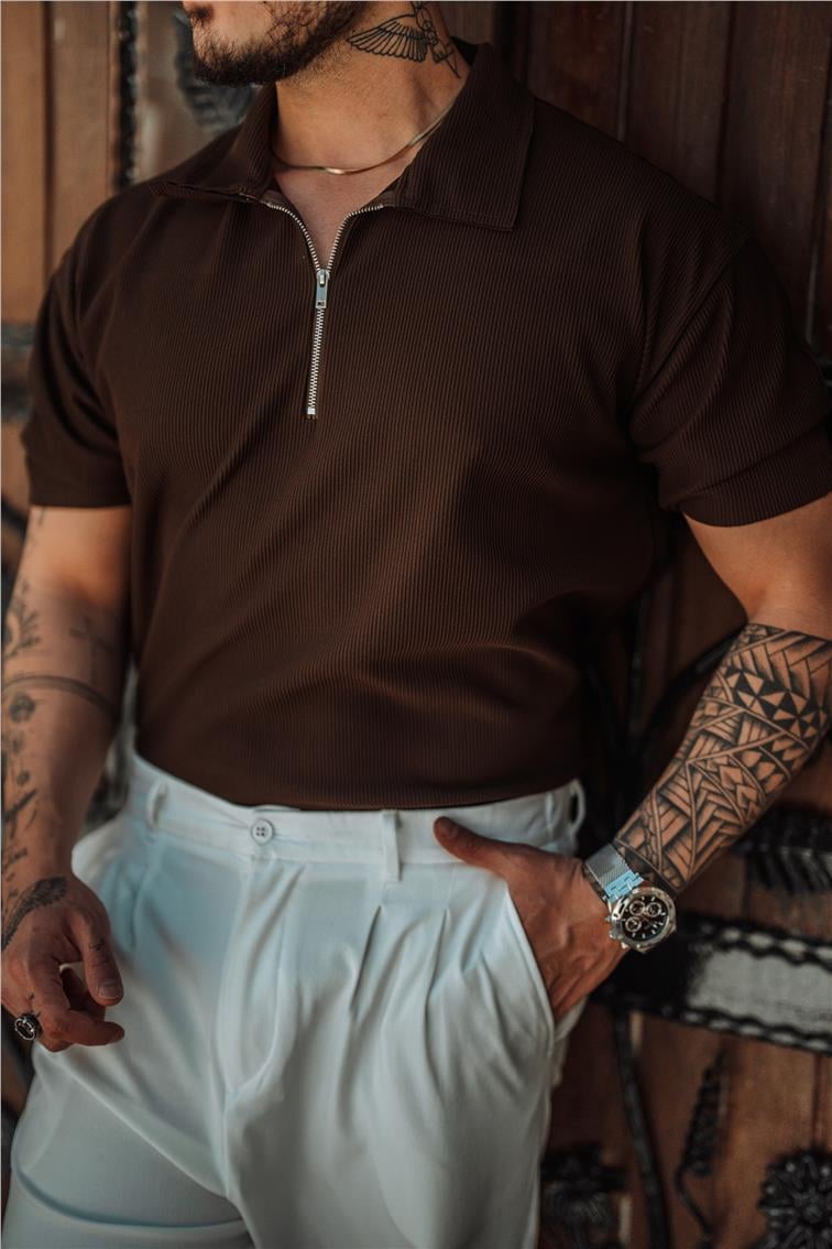 Fitilli Yarım Fermuarlı T-Shirt Acı Kahve