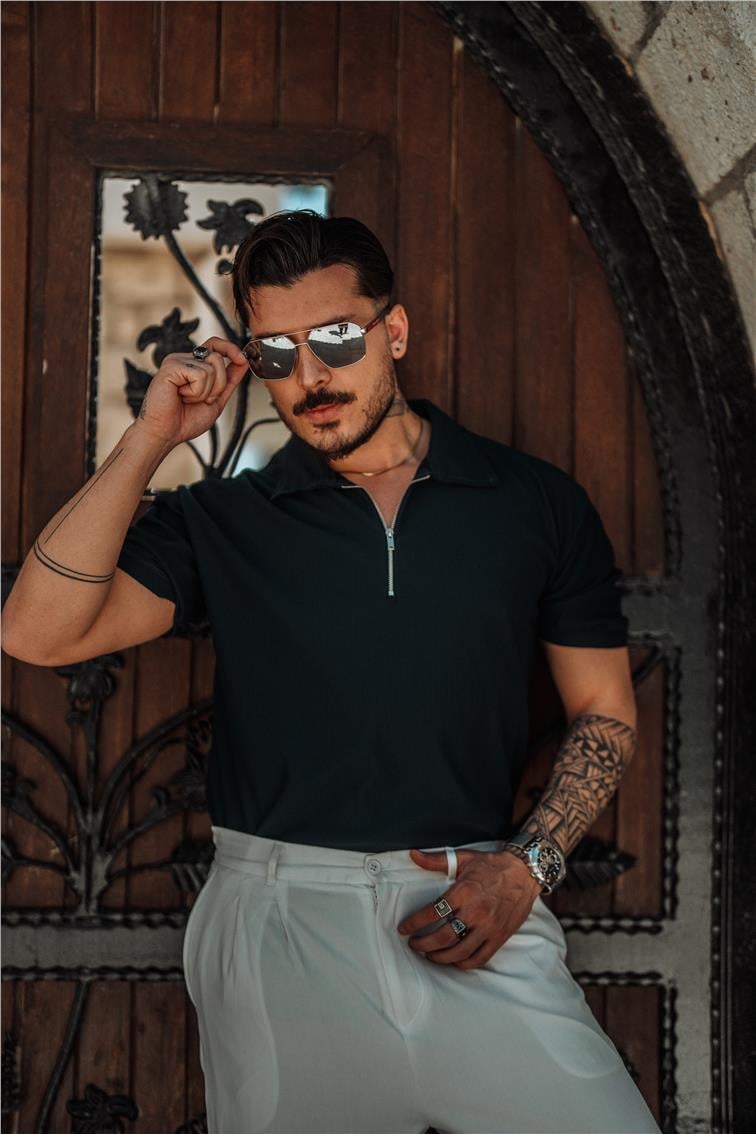 Fitilli Yarım Fermuarlı T-Shirt Petrol Mavisi