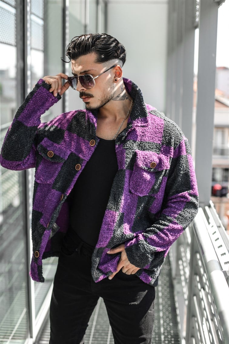 Geniş Kareli Peluş Oversize Gömlek / Ceket
