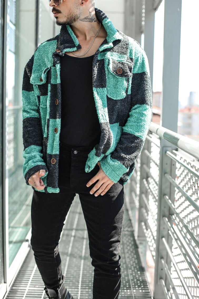 Geniş Kareli Peluş Oversize Gömlek / Ceket
