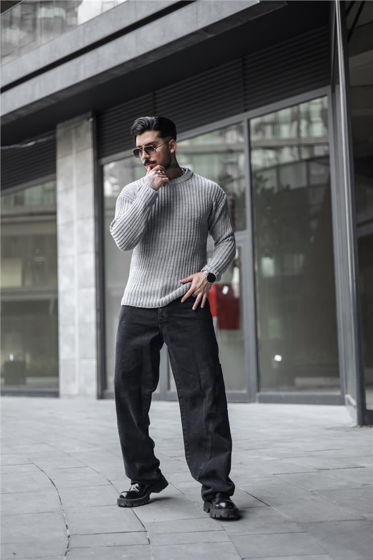 Geniş Örmeli Oversize Kazak Gri