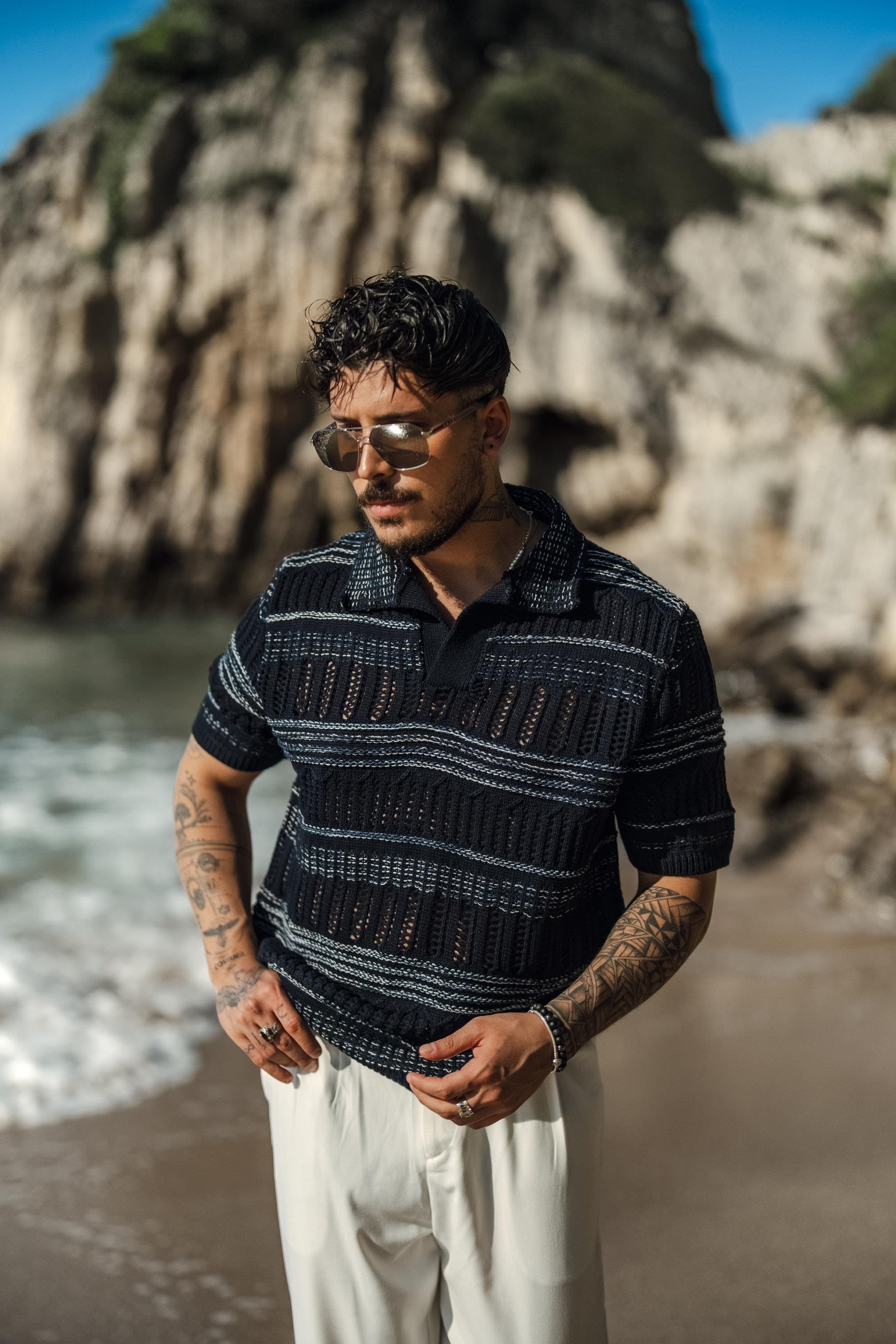 Geniş Örmeli Polo Yaka Oversize T-Shirt Lacivert