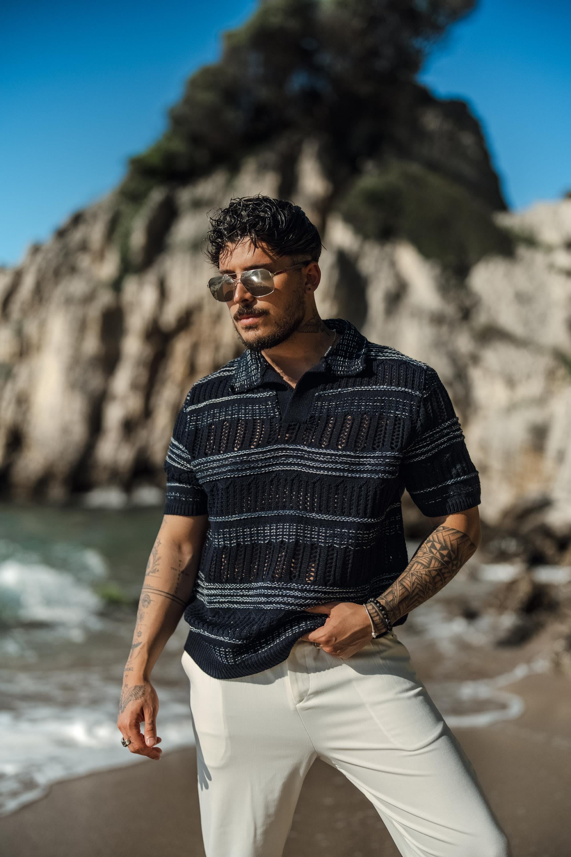 Geniş Örmeli Polo Yaka Oversize T-Shirt Lacivert