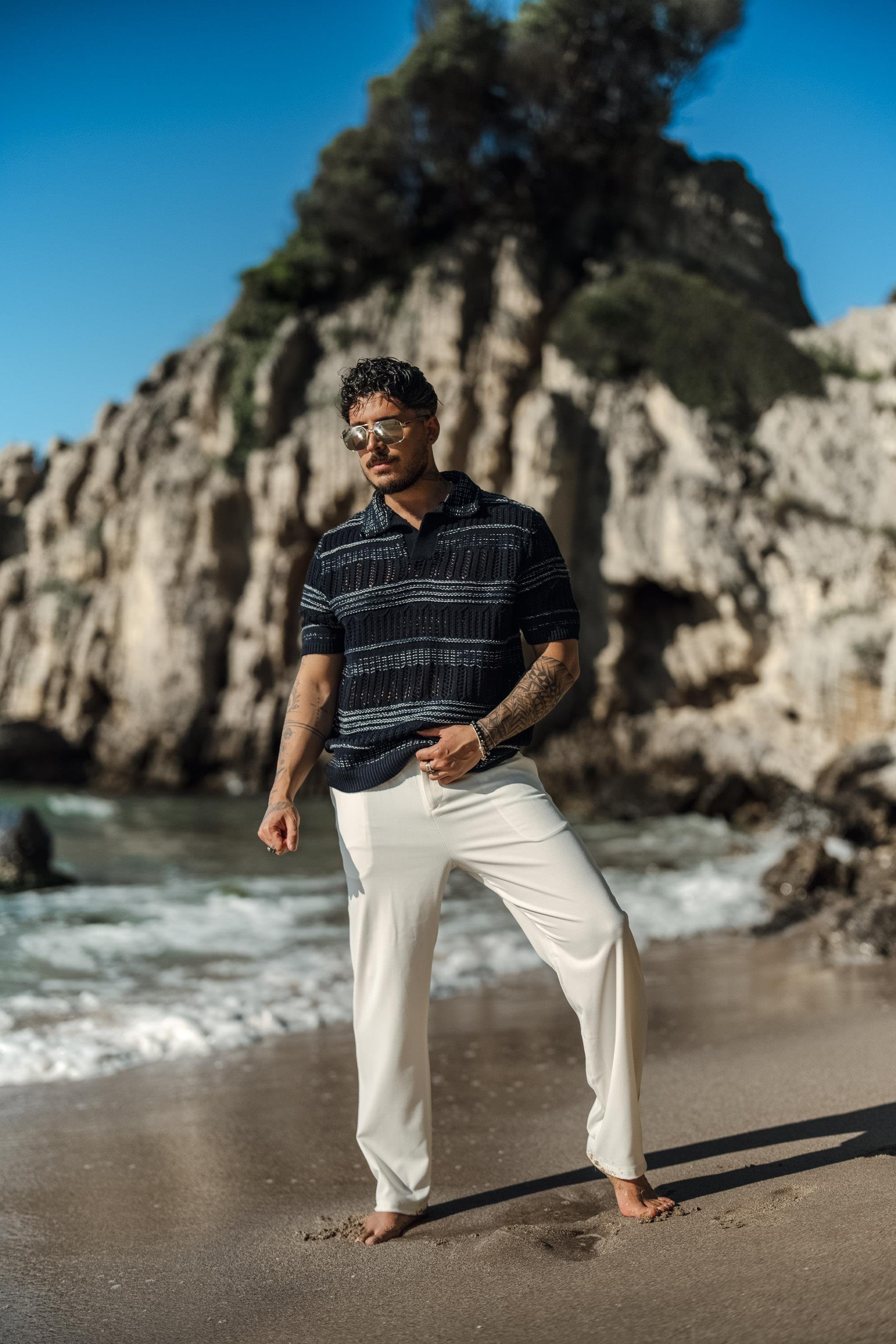 Geniş Örmeli Polo Yaka Oversize T-Shirt Lacivert