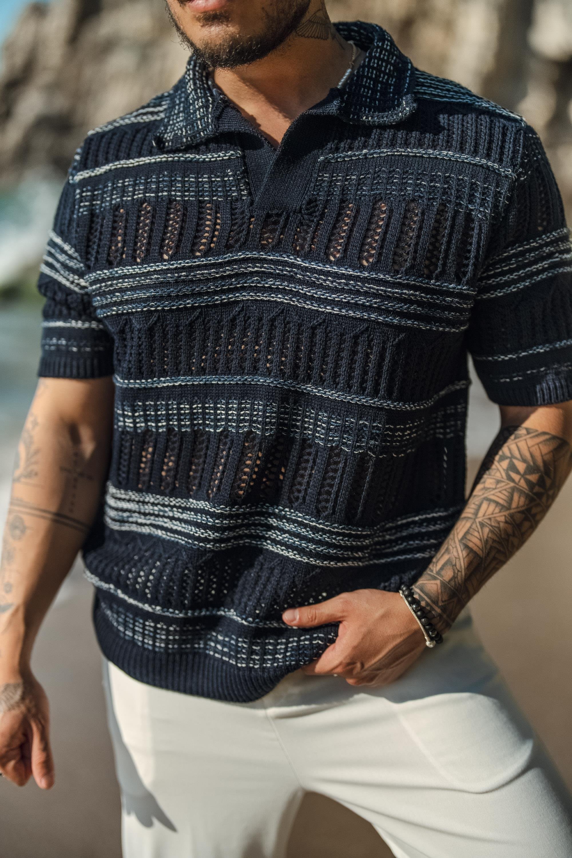 Geniş Örmeli Polo Yaka Oversize T-Shirt Lacivert