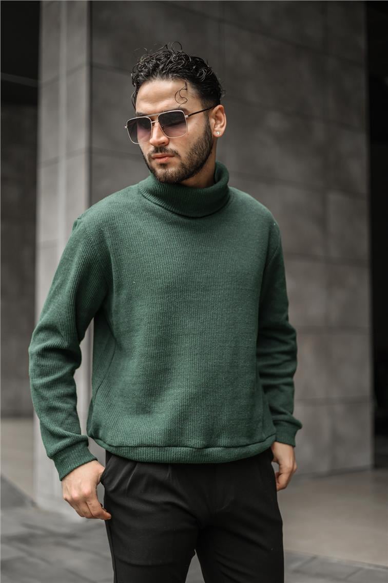 Geniş Ribanalı Oversize Boğazlı Kazak Yeşil