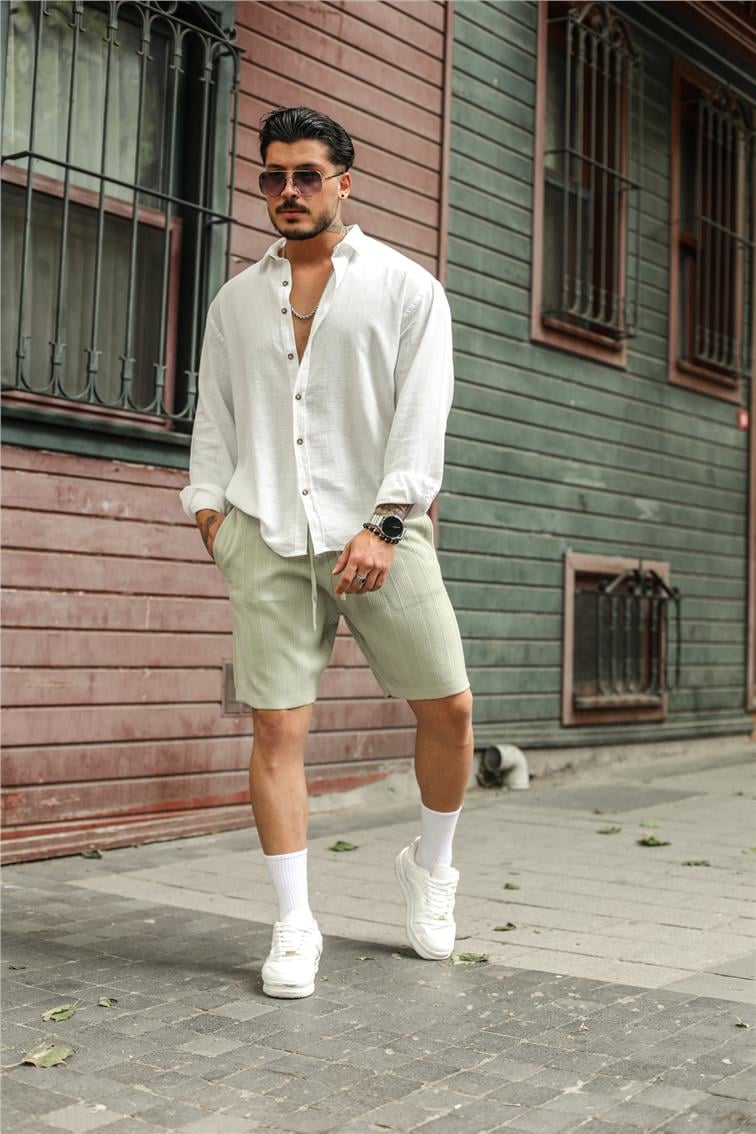 Geniş Şeritli Pamuklu Şort Mint