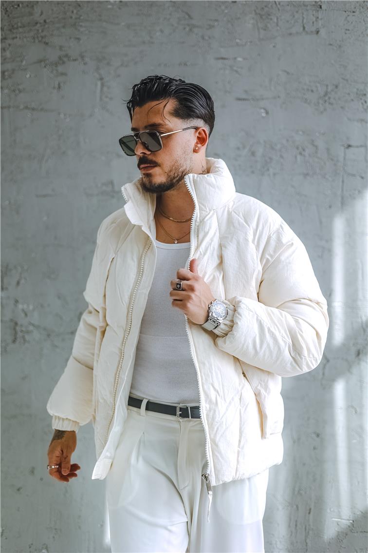 Gizli Cep Şişme Oversize Mont Bej