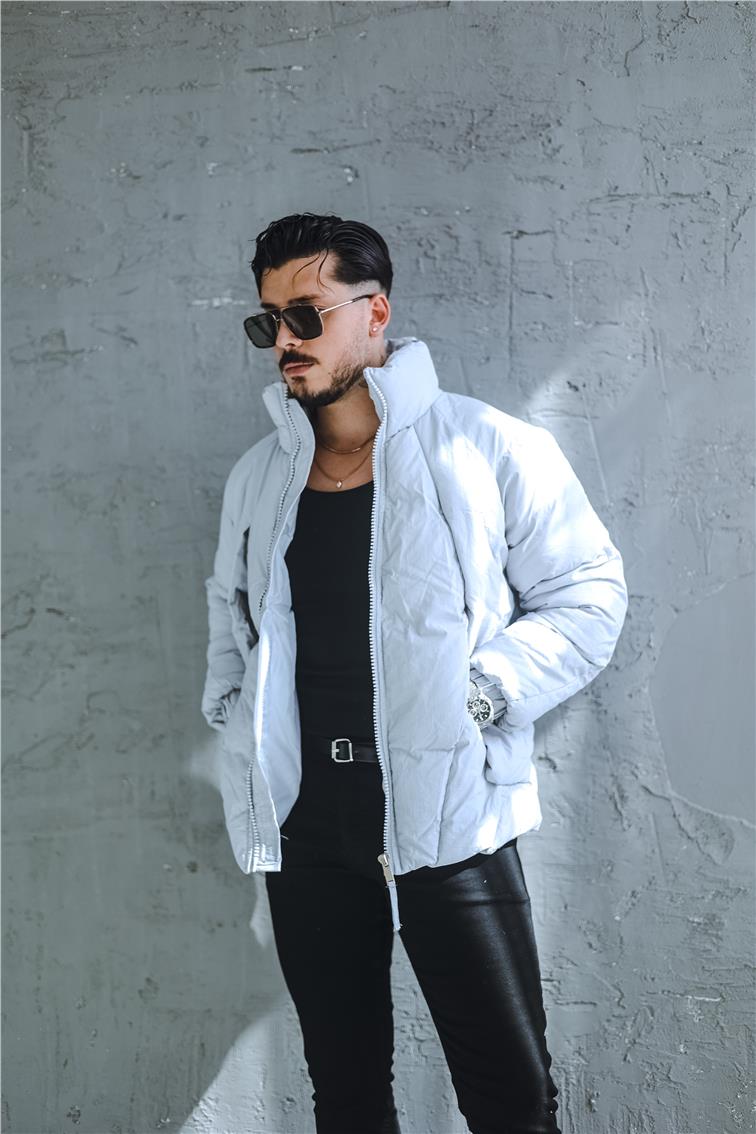 Gizli Cep Şişme Oversize Mont Gri