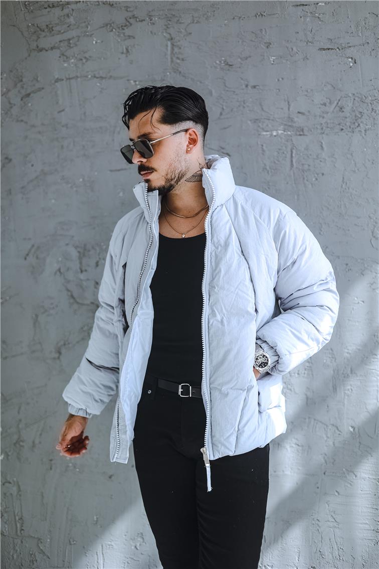 Gizli Cep Şişme Oversize Mont Gri