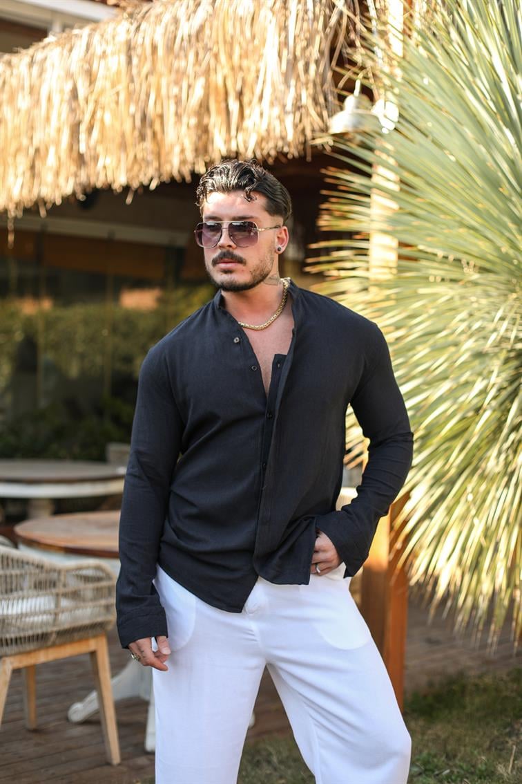 Gizli Düğme Şile Bezi V Yaka Oversize Gömlek Siyah