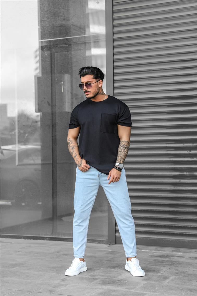 Gofreli Tek Cepli T-Shirt Siyah