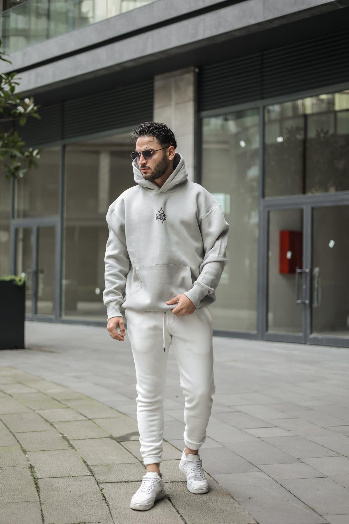 GRIND MODE Baskılı Dolgun Kumaş Oversize Sweatshirt Gri