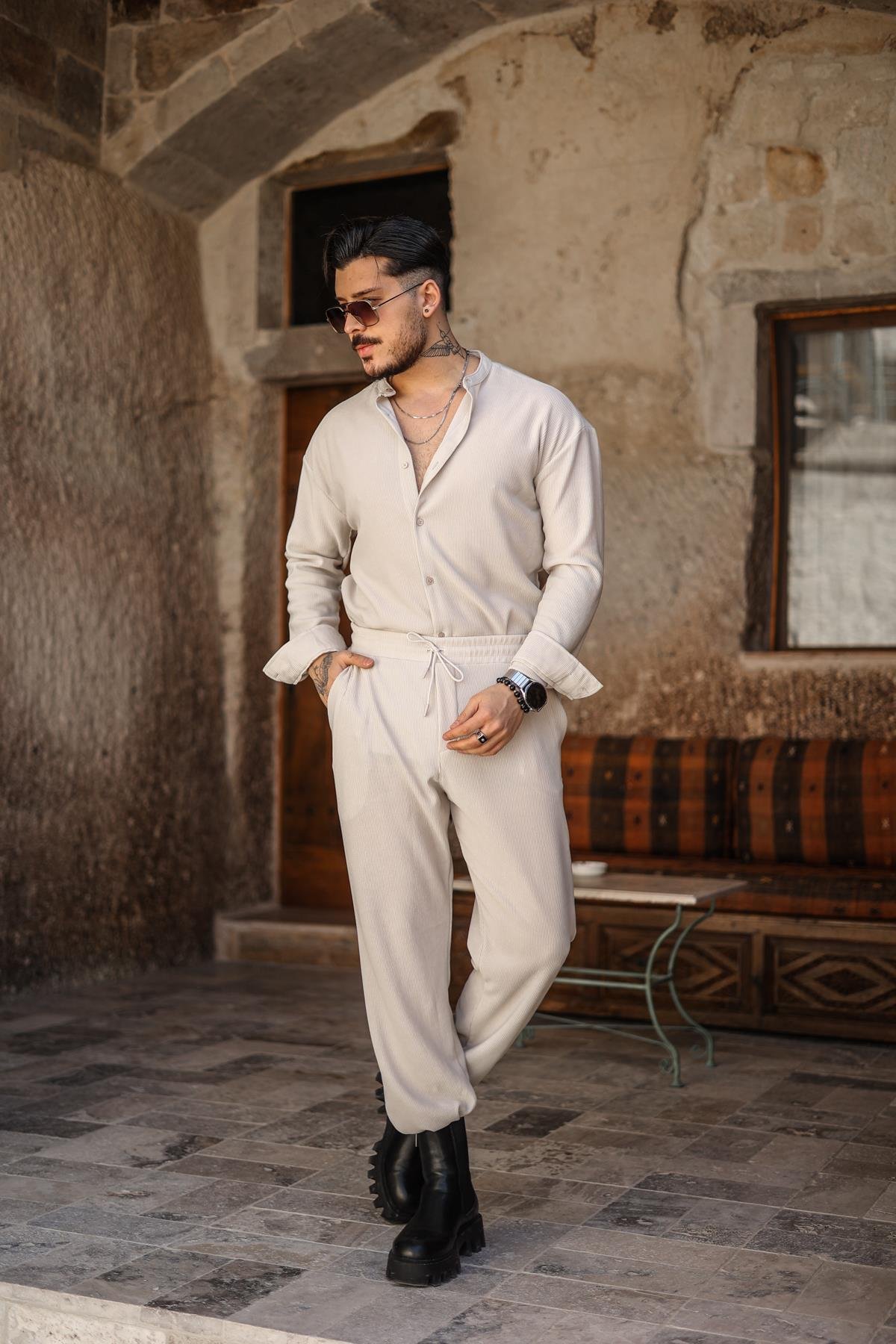 Hakim Yaka Fitilli Oversize Gömlek Gri