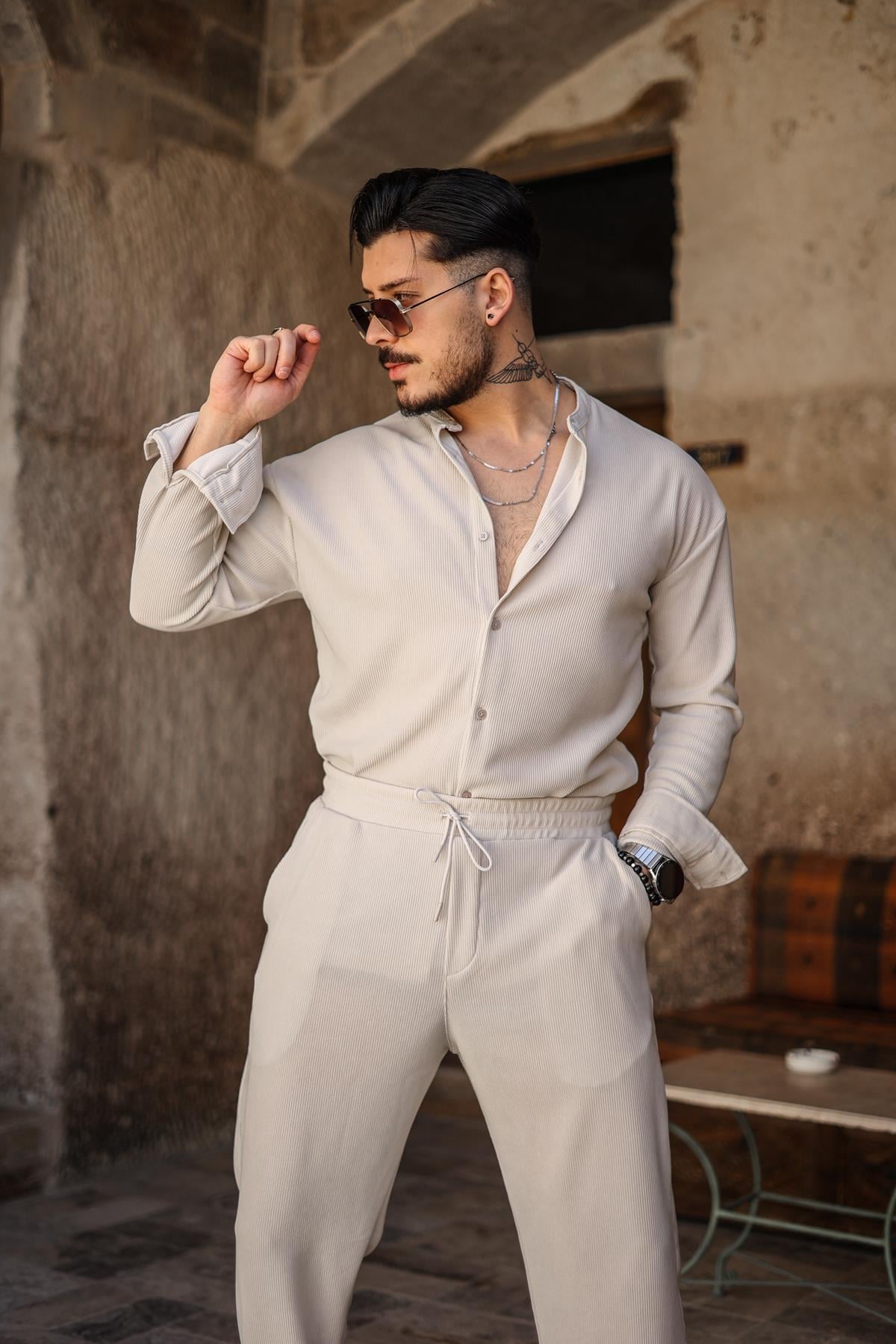 Hakim Yaka Fitilli Oversize Gömlek Gri