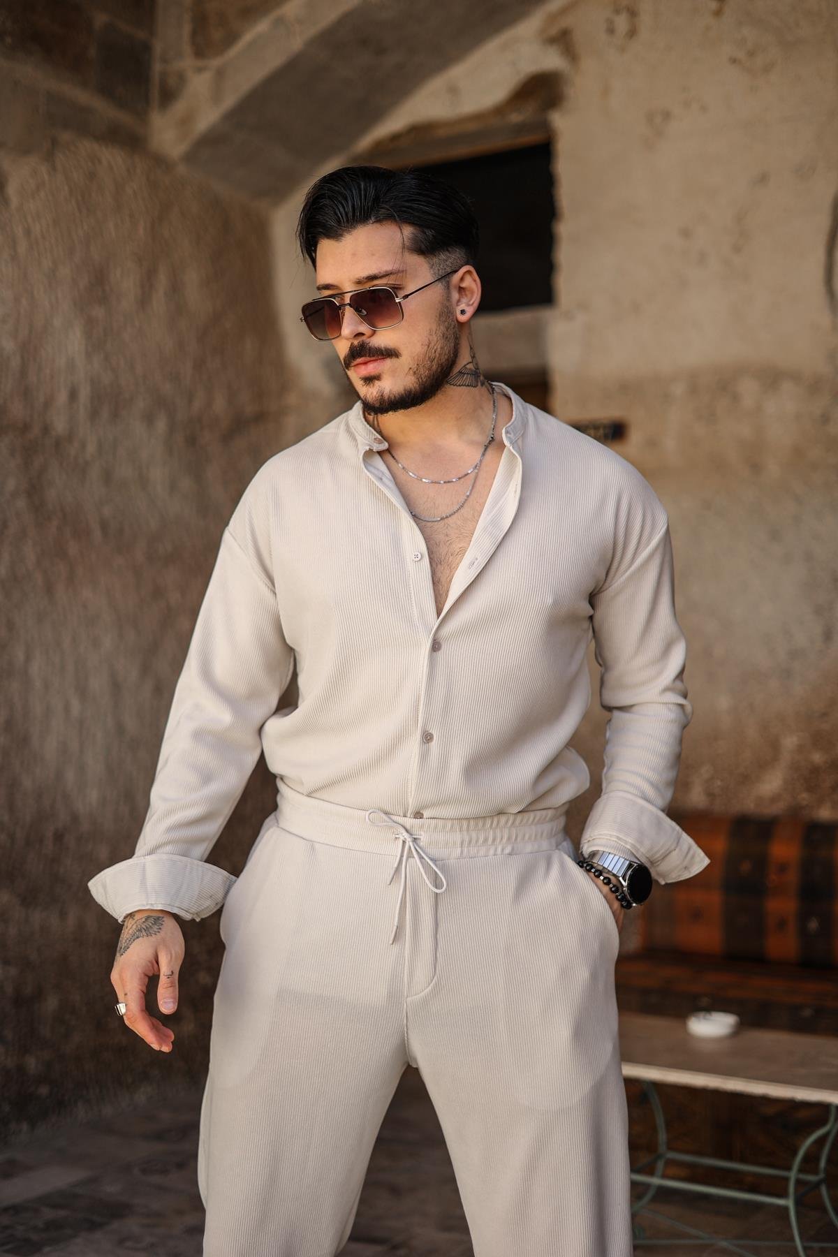 Hakim Yaka Fitilli Oversize Gömlek Gri