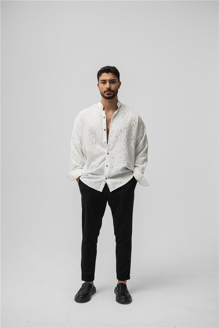 Hakim Yaka Gümüş Oversize Gömlek Beyaz
