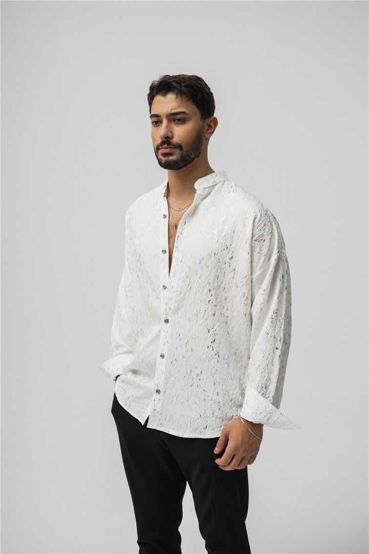 Hakim Yaka Gümüş Oversize Gömlek Beyaz