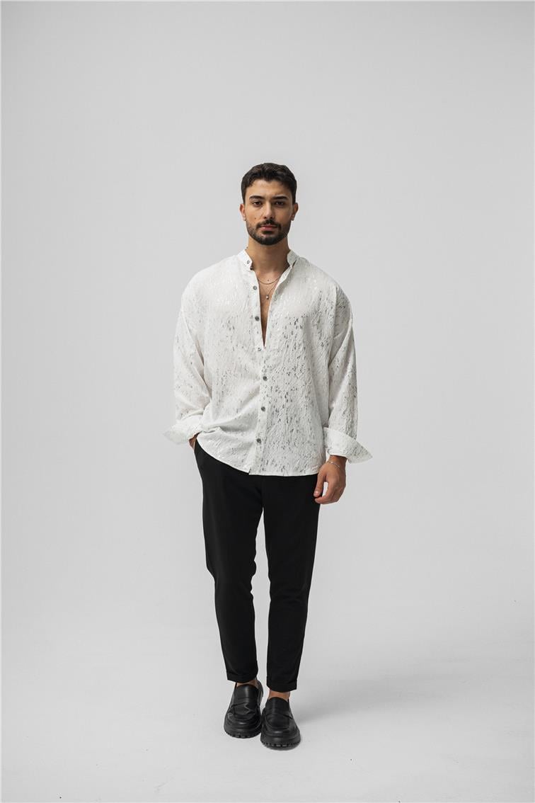 Hakim Yaka Gümüş Oversize Gömlek Beyaz