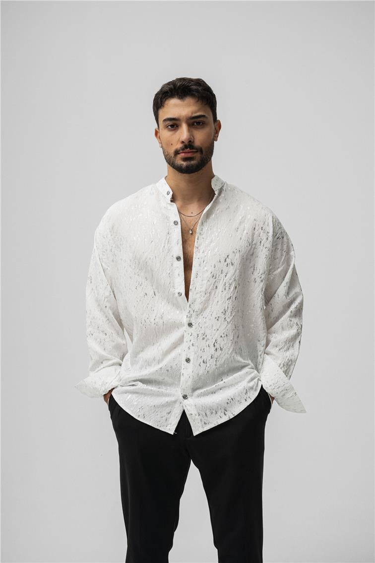 Hakim Yaka Gümüş Oversize Gömlek Beyaz