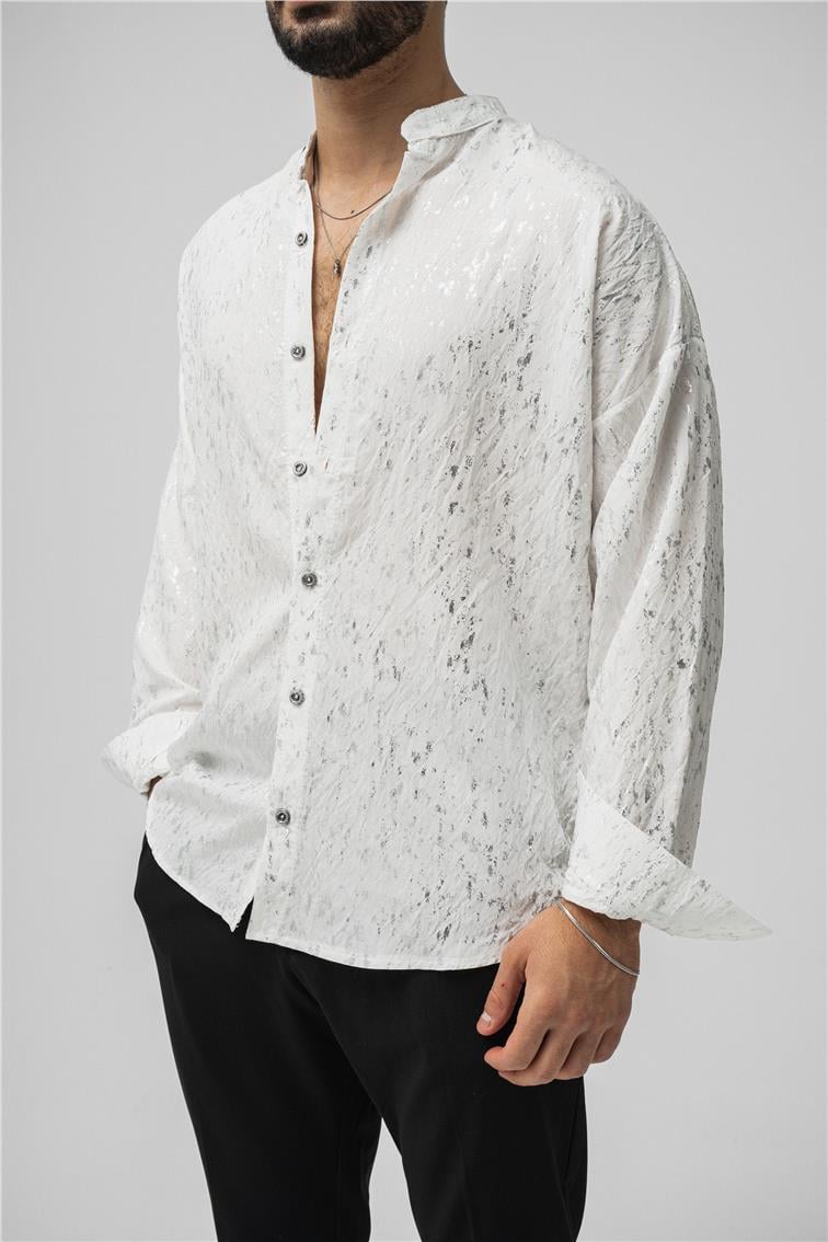 Hakim Yaka Gümüş Oversize Gömlek Beyaz
